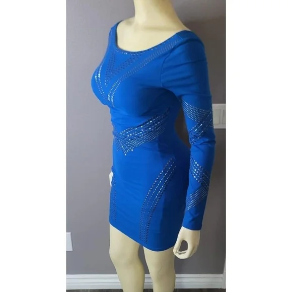 bebe royal blue dress Racer Neck Bandage Short Dress Royal